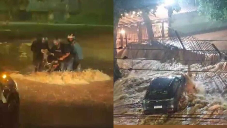 Temporal arrasta carros e motociclista é resgatado em meio à enxurrada na capital